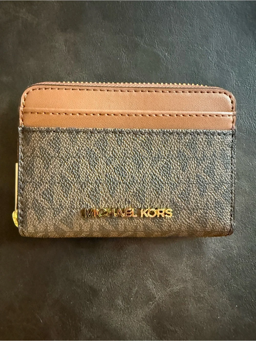 Michael Kors Brown/Tan Logo Jet Set Travel Wallet with Gold Hardware